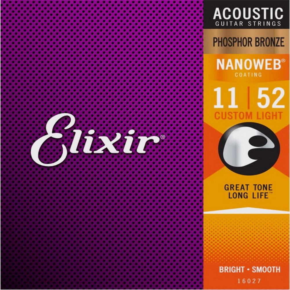 Струны для акустической гитары Elixir 16027, Nanoweb, Custom Light, фосфорная бронза, 11-52