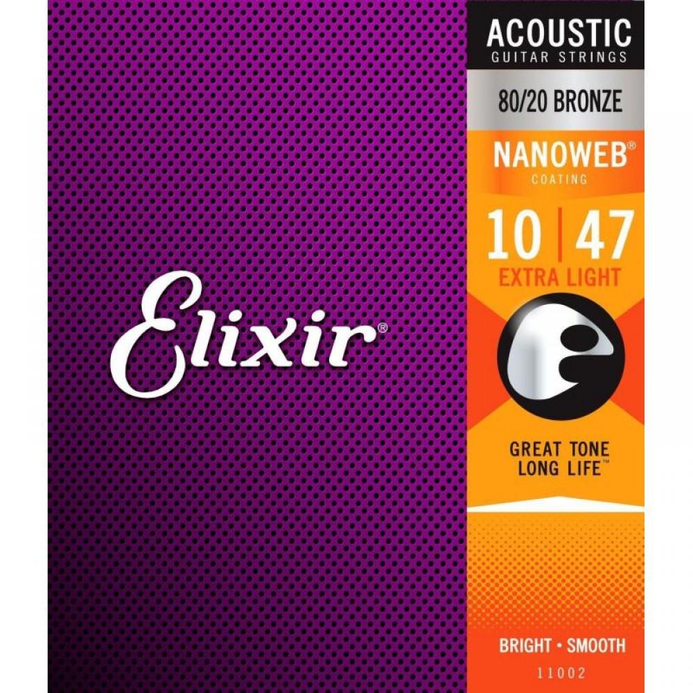 Струны для акустической гитары Elixir 11002, Nanoweb, Extra Light, покрытие Anti-Rust, бронза  80/20, 10-47