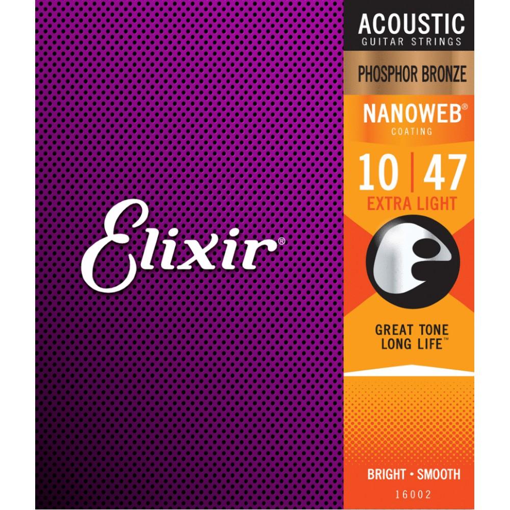 Струны для акустической гитары Elixir 16002, Nanoweb, Extra Light, фосфорная бронза, 10-47